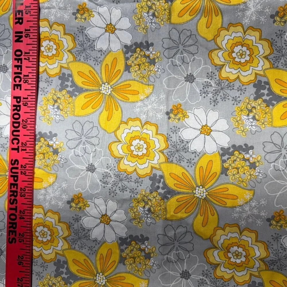 1 3/4 yards Yellow Grey Modern Floral Cotton Fabric Quilting #335